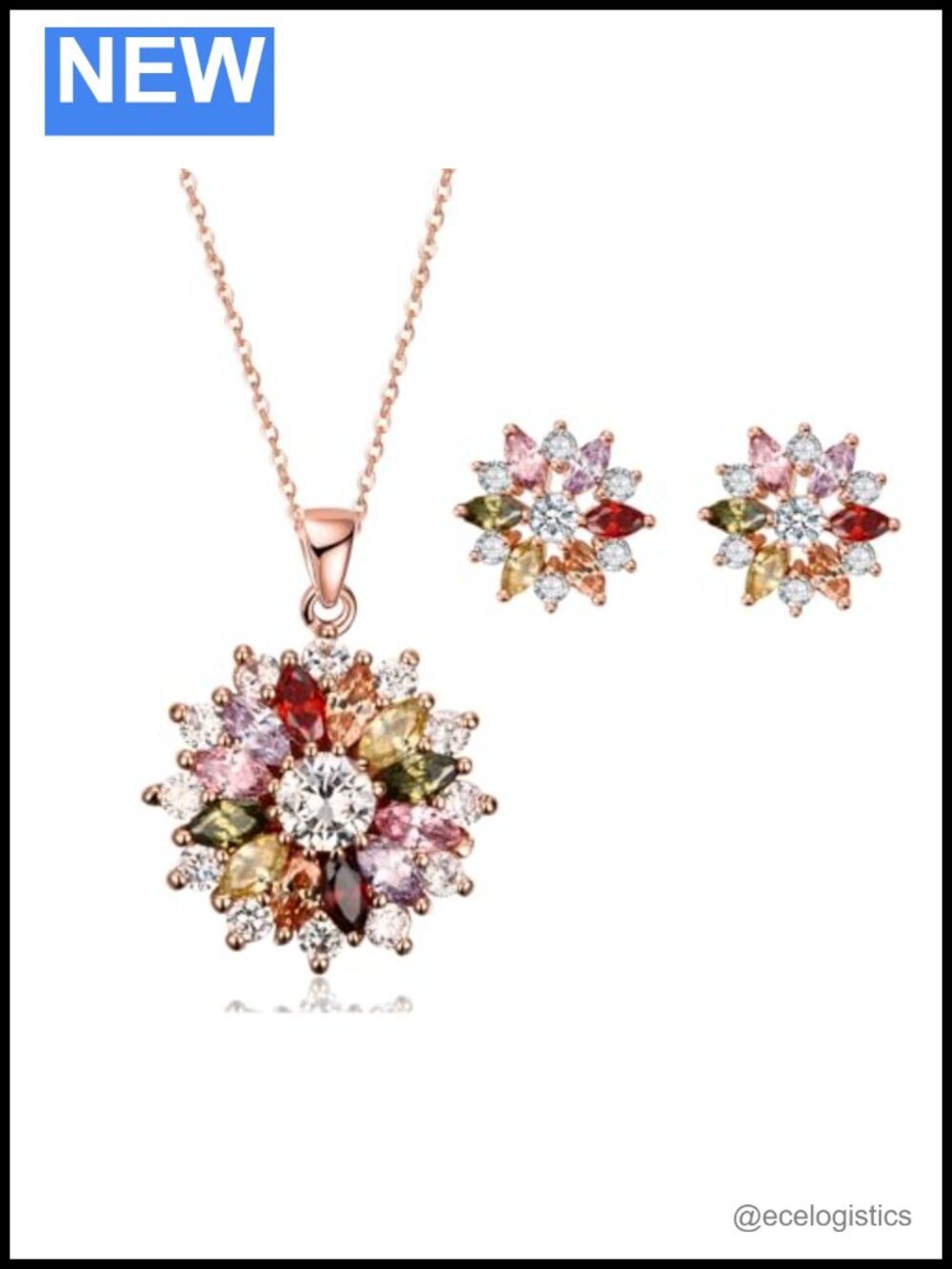 18k Rose Gold Plated Snowflake Pendant Necklace Earrings Set Cubic Zirconia